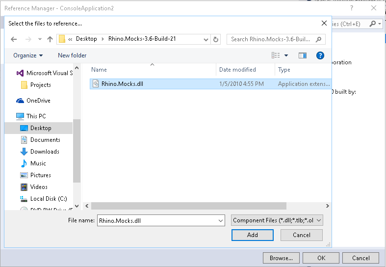 Visual Studio Browse Add Reference Rhino Mocks