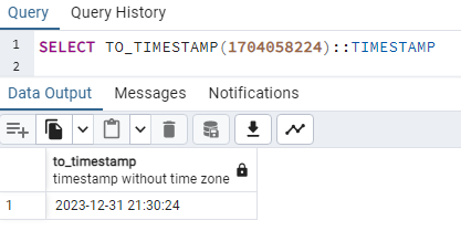Convert epoch to timestamp without time zone