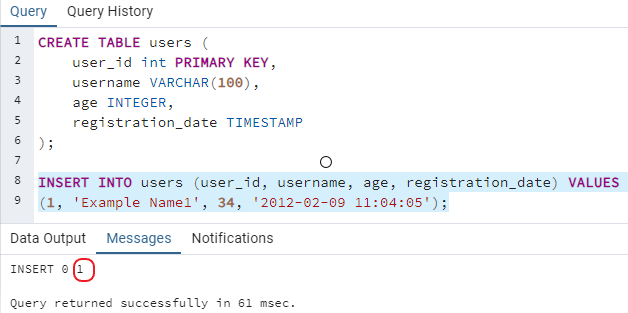 INSERT command example in PostgreSQL