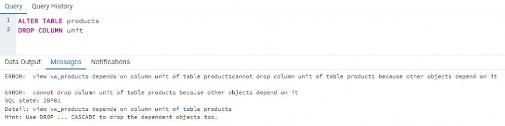 Dependency error on deleting a column in PostgreSQL