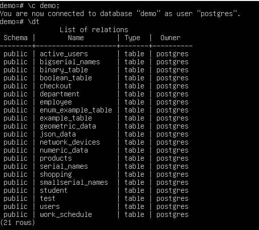 \dt command for show all tables for PSQL