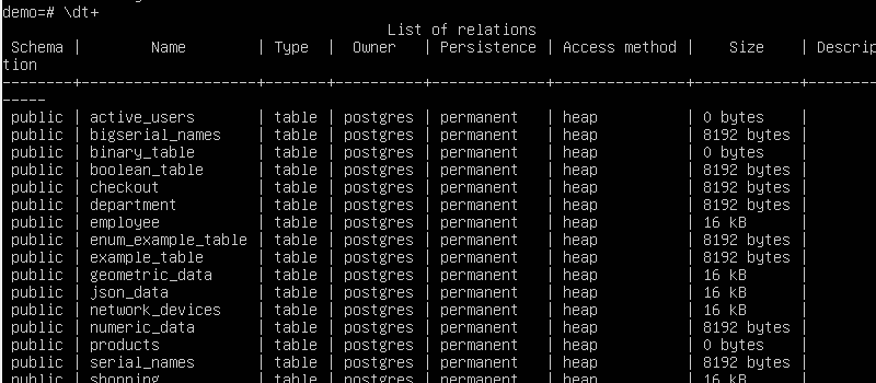 \dt+ command to show sizes for each table