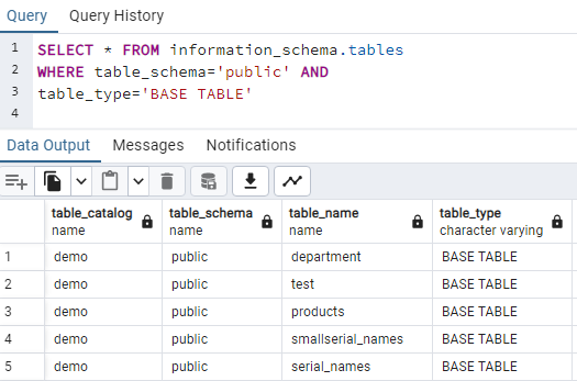 List all tables using information_schema.tables