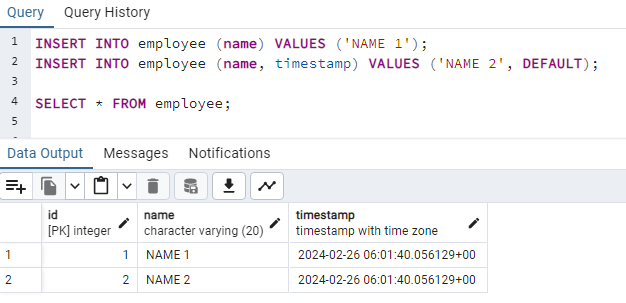 CURRENT TIMESTAMP in Insert query as default value