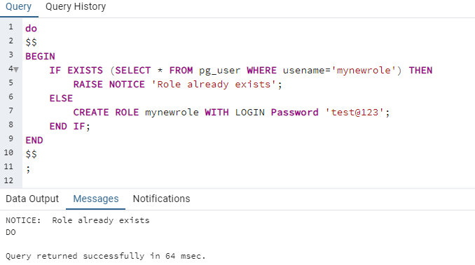 PostgreSQL CREATE ROLE if not exists example
